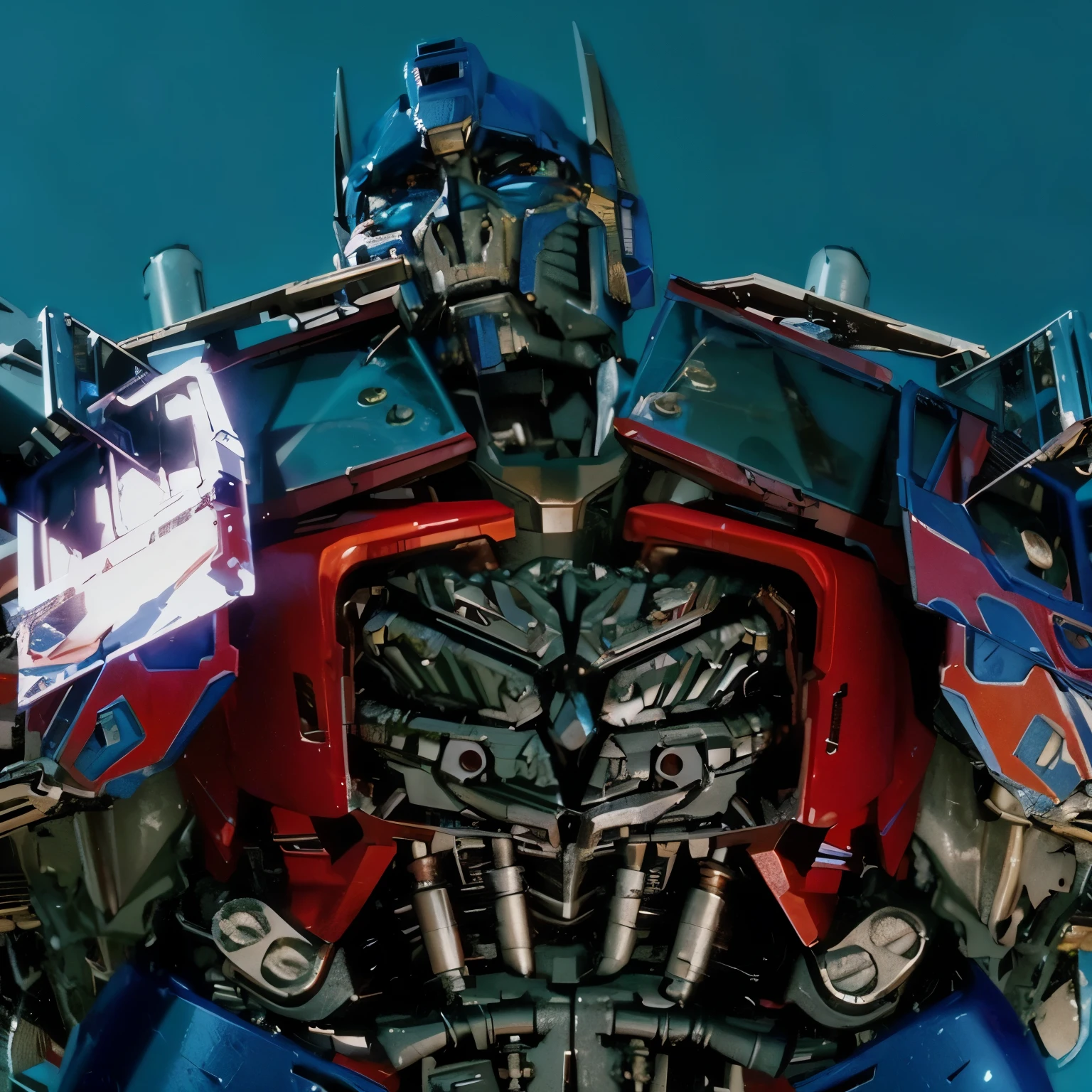 a highly detailed and realistic 3d render of Optimus Prime, autobot leader, masterpiece, intricate mechanical design, gleaming metallic armor, blue and red color scheme, glowing eyes, posing heroically, dramatic lighting, cinematic composition