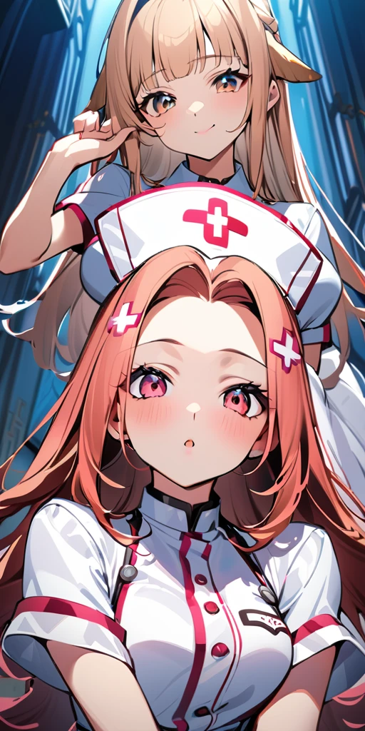 ((Highest quality、masterpiece、Anime Style、Highest quality、High resolution、8k、detailed、ultra-detailed:1.3))、Long legs、Sharp focus:1.2, Beautiful woman with perfect figure:1.4、(smile:1.2), double eyelid、30-year-old woman、Sexy pose、((((Shut your mouth.、One Woman、Nurse uniform:1.5)))),The background is the near-future Earth