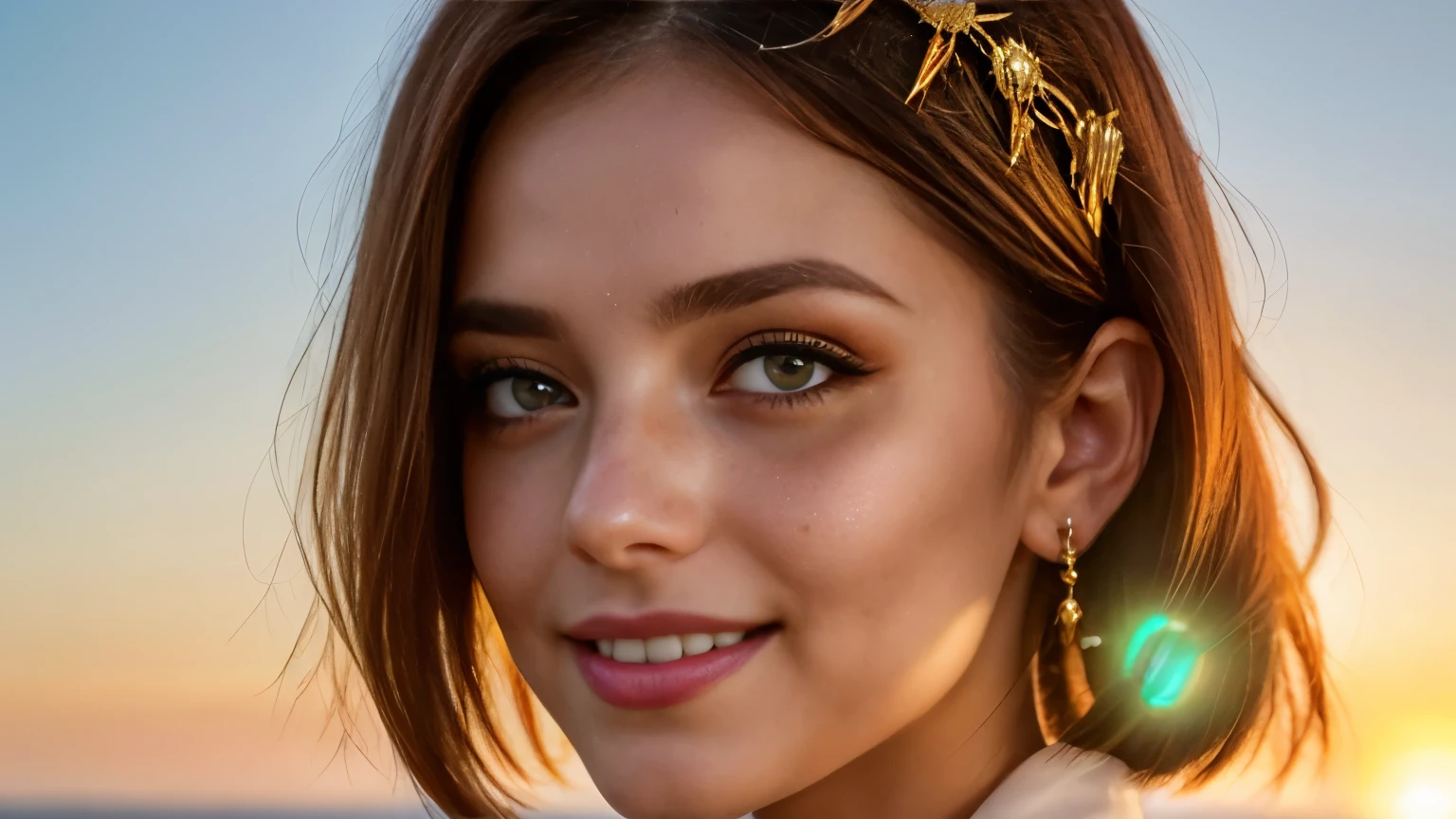 big eyes, proportional lips, red iris, female android, short green tied hair, provocative, sexy pose, upper up close, sunset, big hard sun, lightning, bright eyes, wearing Ornamental princess crowns,, (up close:1.3) , grin, upper body, large breast, very detailed eyes, foxy di, Ekaterina Nensi B, freckles in the face