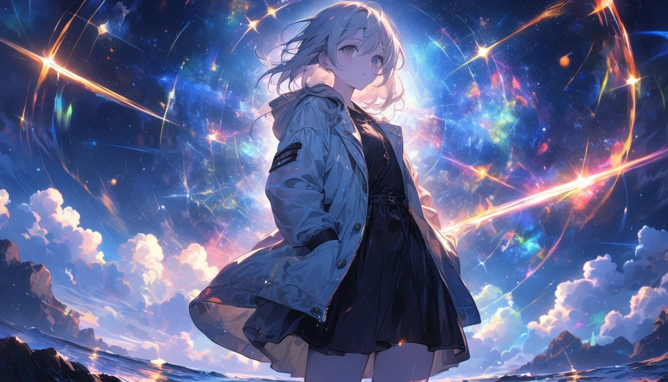 Starry Sky, After the Rain, horizon , In the sky,Lens flare, colorful,coat,Put your hands in your pockets,(student, 18-year-old, ＪＫ, Her short silver hair sways, Pale skin, Lack of eye sparkle) Look up at the sky, Beautiful sky, There is an ocean,White Street,The scenery is beautiful, 広いLook up at the sky, I see the wind blowing and shining, In the skyは正午の月と正午の星がある,From below, break ,quality(8k,非常に精細なCGユニットのwallpaper, masterpiece,High resolution,top-quality,top-quality real texture skin,Surreal,Increase the resolution,RAW Photos,最高quality,Very detailed,wallpaper,Cinema Lighting,Ray Tracing,Golden Ratio),Have a long-term perspective
