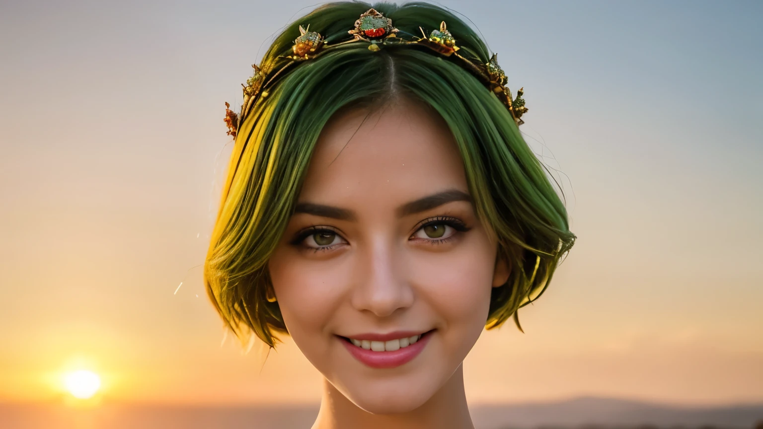big eyes, proportional lips, red iris, female android, short green tied hair, provocative, sexy pose, upper up close, sunset, big hard sun, lightning, bright eyes, wearing Ornamental princess crowns,, (up close:1.3) , grin, upper body, large breast, very detailed eyes, foxy di, Ekaterina Nensi B