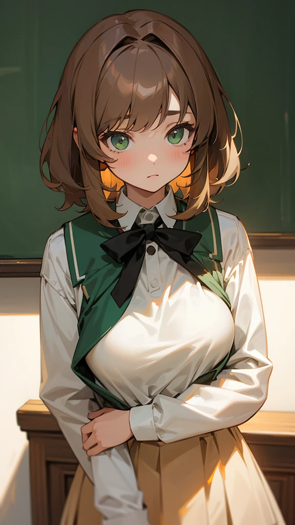 A girl with short fluffy light brown hair, dark green eyes, not so big breasts, school clothes and little uncovering. 