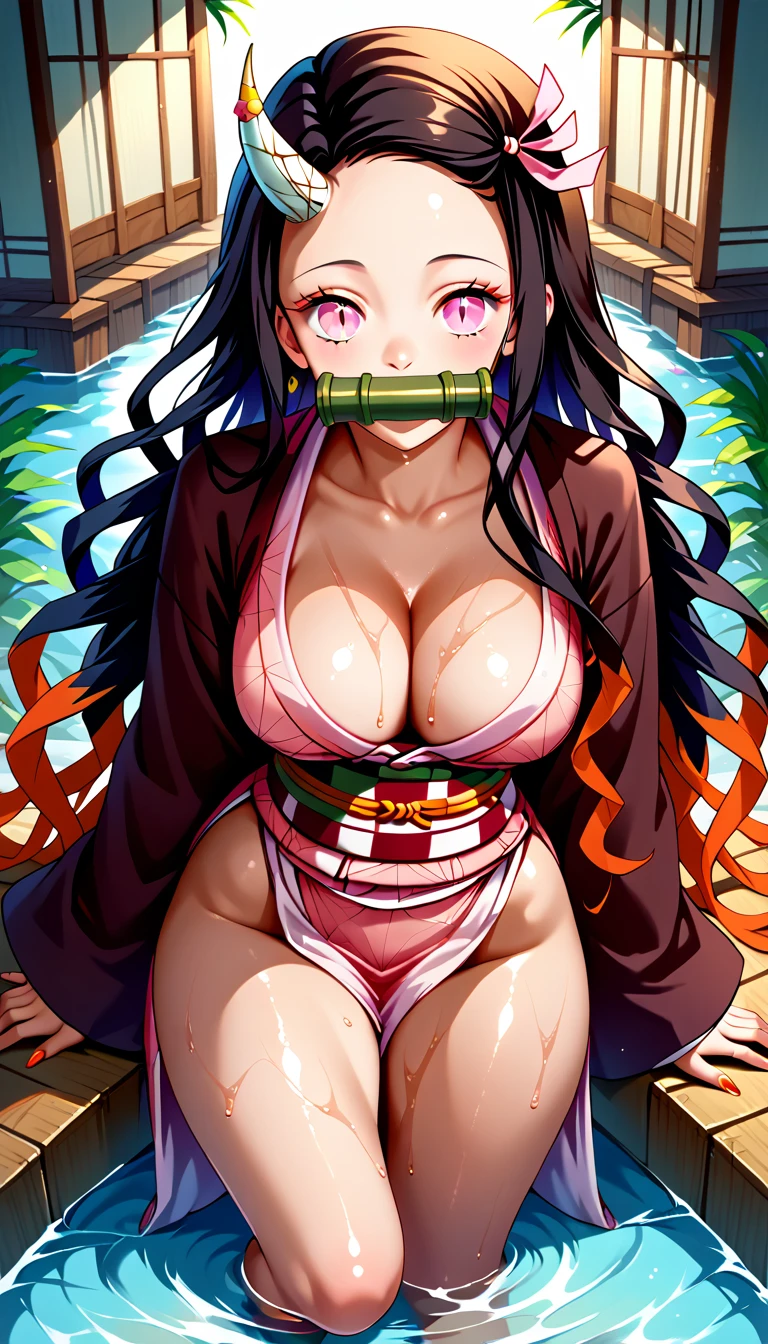 work of art, (sexy pink kimono), alluring face, good lighting, neckleace, fine-details, work of art, glare eyes, 1 girl, Bblack hair, gag, bamboo, Nezuko Kamado, sexy outfit, fully body, sultry posing, ostra panties, nipples showing, safada,wisteria background, work of art, best qualityer, ass pov, all-body, Broad Hips,