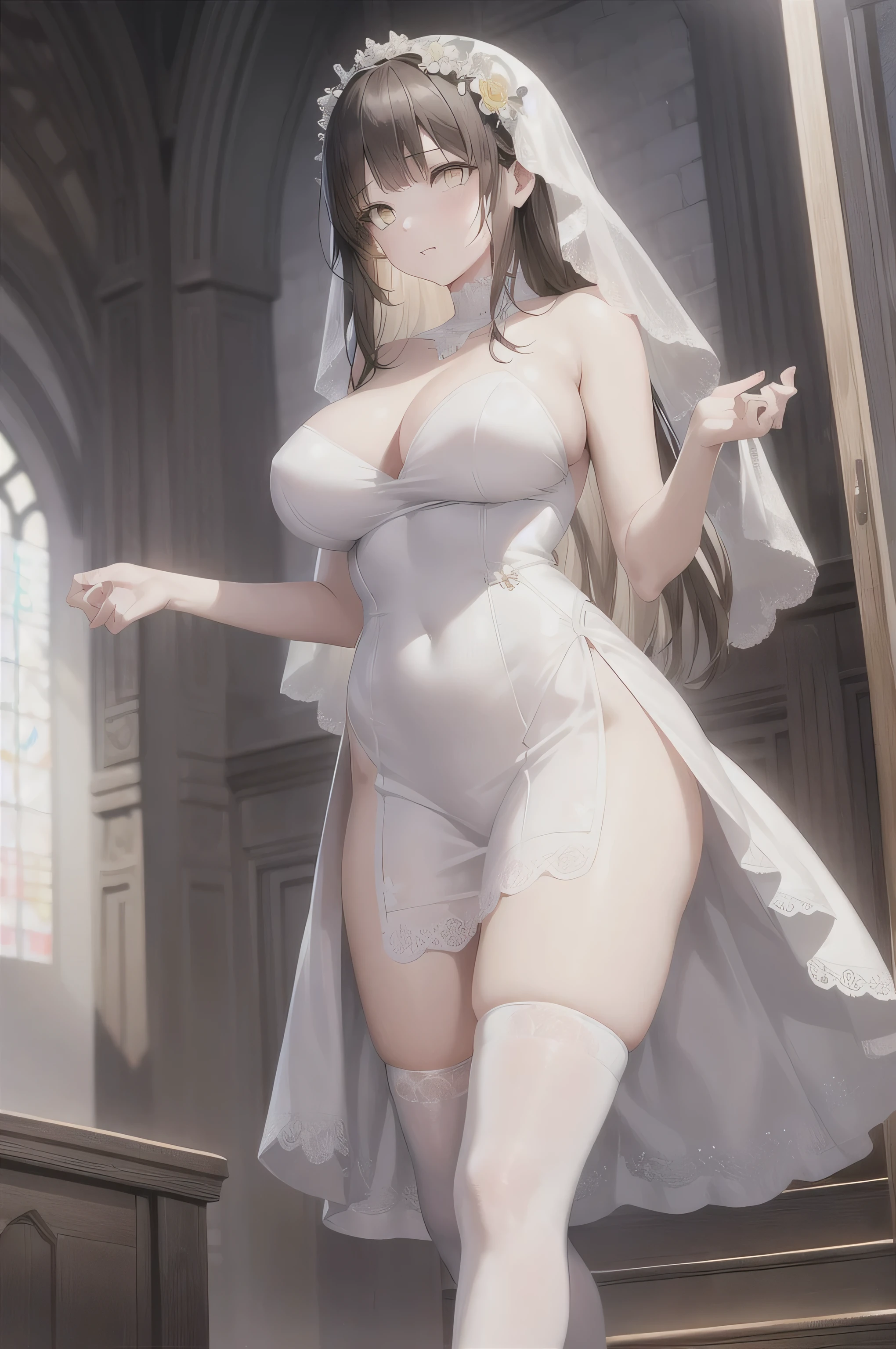 A girl,Long hair, bangs, hair, Hair between the eyes, (Yellow eyes:1.5), (Large Breasts:1.2),
rest clavicle, Wedding dress,veil,wedding,White Dress,Flowers,The skirt is broken,White socks,Tights,White knee socks,
Looking at the audience, whole body,Put your hands in front of you,Holding Flowers,
indoors, church,Everlasting,Everlasting,
rest (masterpiece:1.2), best quality, high resolution, Unity 8K wallpaper, (illustration:0.8), (Beautiful and delicate eyes:1.6), Extremely detailed face, Perfect lighting, Extremely detailed CG, (Perfect hands, Perfect anatomical structure),