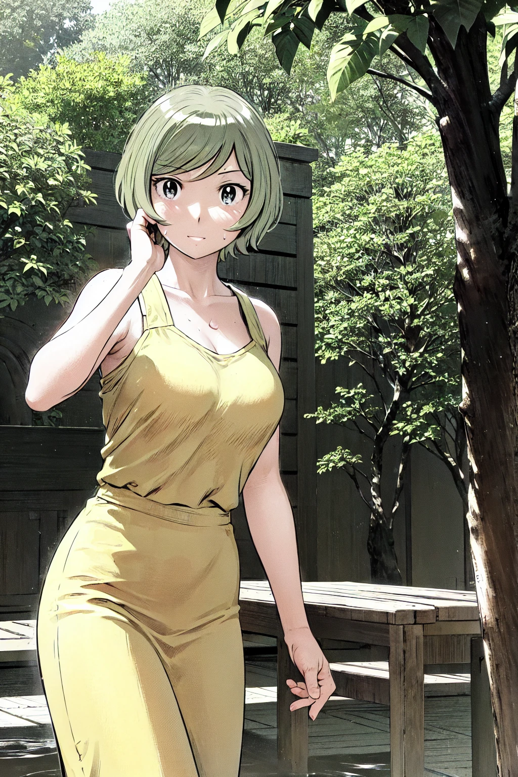 、(masterpiece、Highest quality)、Highest quality, Ultra-high resolution, (((masterpiece))), alone, Sweat、Big eyes, Sleeveless、Outdoor、Floral Dress、Composition from the front、(後ろCut your hair short、short hair、blonde、woman)、Shortcuts、Embarrassed face、Cut your hair short、可愛いwomanの子、Big Breasts、Browsing Caution