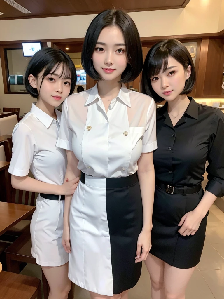 Highest quality、masterpiece、8k、Very detailed、Realistic、Looking at me with a smile、whole body、Black Hair、Short Hair、Small face、Slender、(Very large breasts)、Thin and beautiful legs、narrow and constricted waist,、(Family Restaurant Uniforms:1.2)