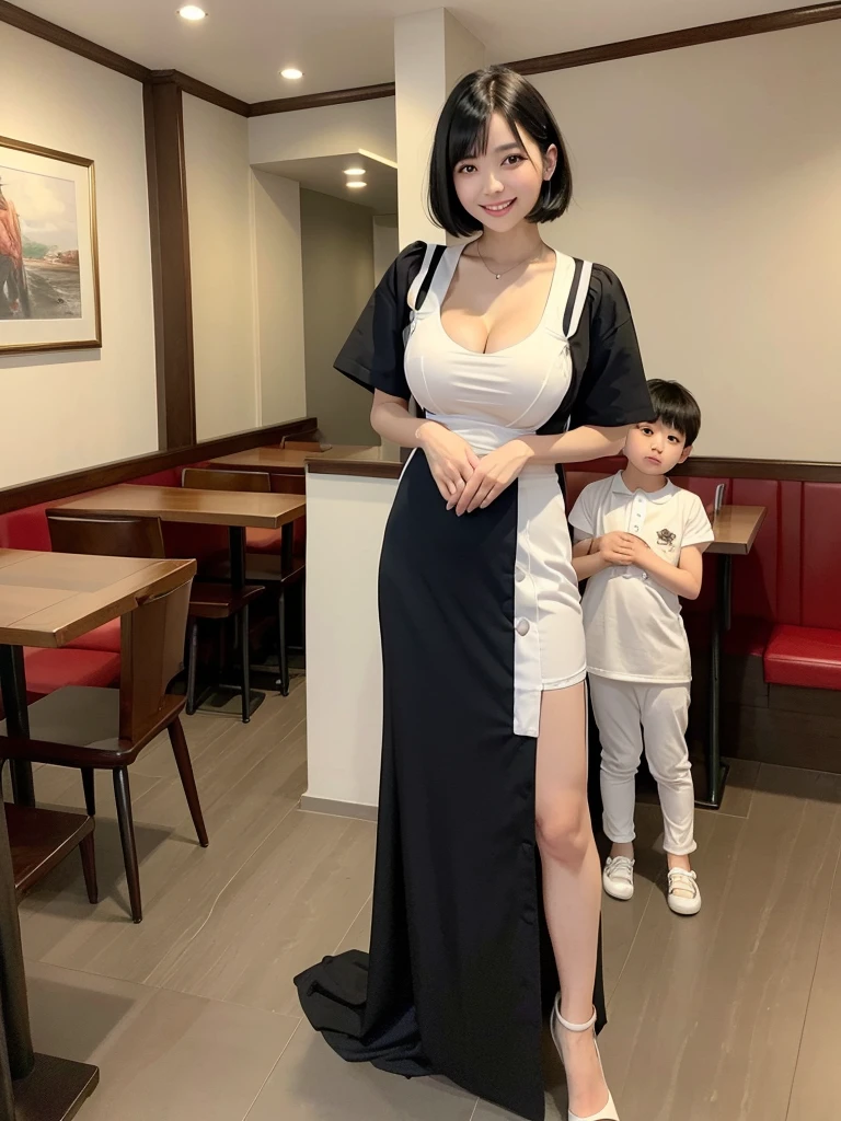 Highest quality、masterpiece、8k、Very detailed、Realistic、Looking at me with a smile、whole body、Black Hair、Short Hair、Small face、Slender、(Very large breasts)、Thin and beautiful legs、narrow and constricted waist,、(Family Restaurant Uniforms:1.2)