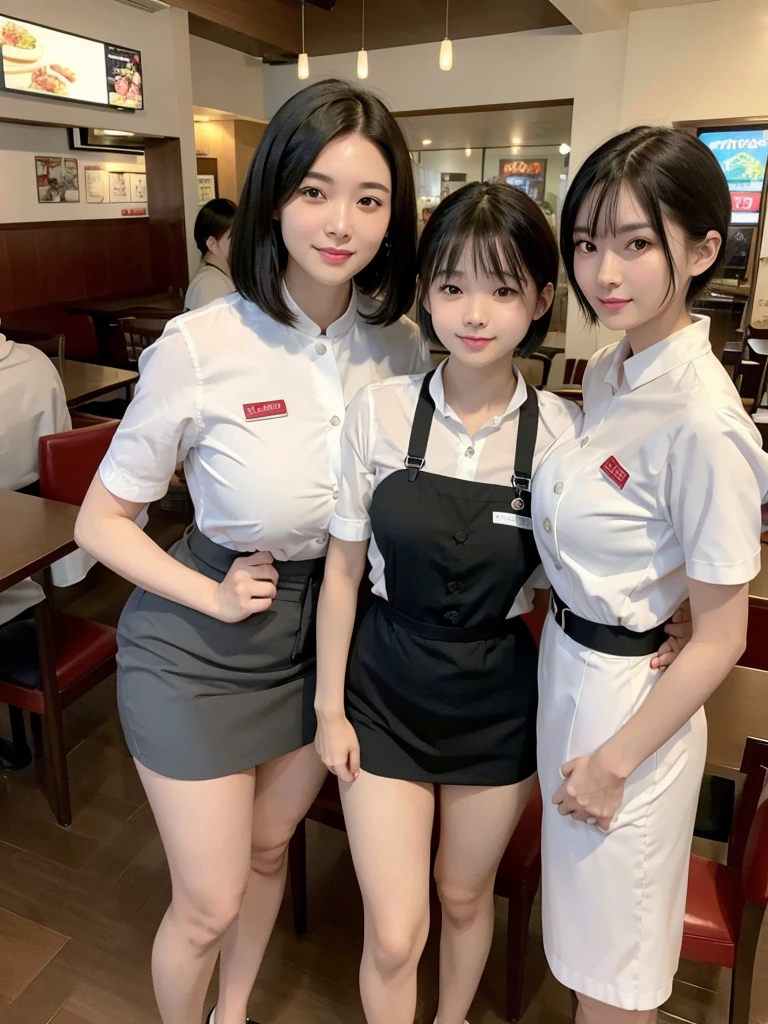 Highest quality、masterpiece、8k、Very detailed、Realistic、Looking at me with a smile、whole body、Black Hair、Short Hair、Small face、Slender、(Very large breasts)、Thin and beautiful legs、narrow and constricted waist,、(Family Restaurant Uniforms:1.2)