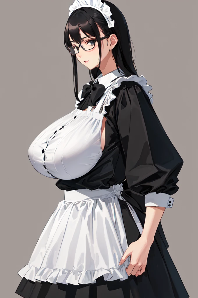 {{masterpiece}},high quality, 4K, 2D, 1 girl,{simple gray background},(attractive mature lady:1.5),milf,standing,sagging breasts,(gigantic breasts:1.5),maid,front face,{{tareme}},attractive mature lady,black hair, {from right in front of face and body},View viewers from front,{front facing shot},Wear glasses,(serious:0.1)