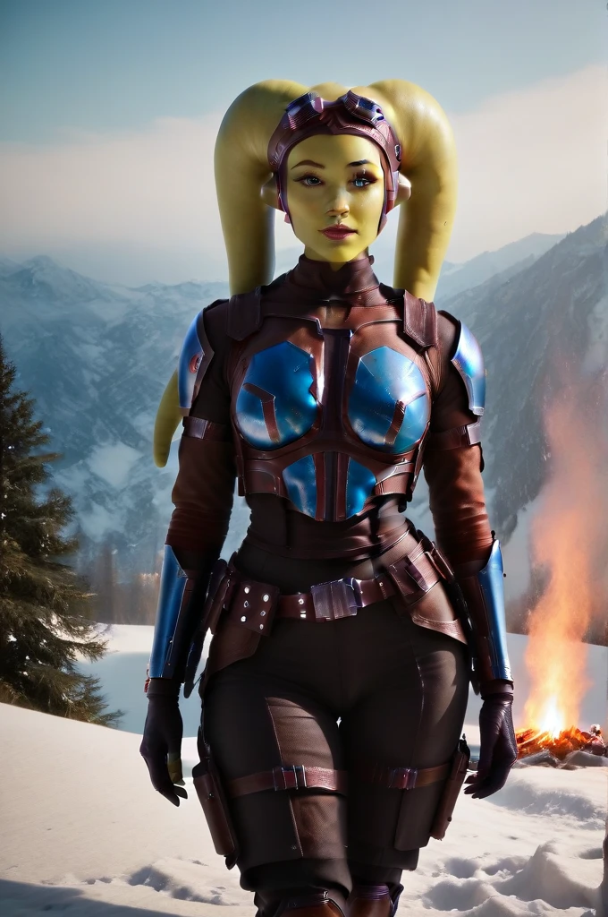 a ((fall body)) ((hera syndulla)) ((green skin ))
 ((female twi'lek ))mandalorian,walking on snow fire, beautiful detailed eyes, beautiful detailed lips, extremely detailed face, long eyelashes, mandalorian armor, sci-fi, cinematic lighting, dramatic, epic, intricate details, hyper-realistic, 8k, high-quality, photorealistic
