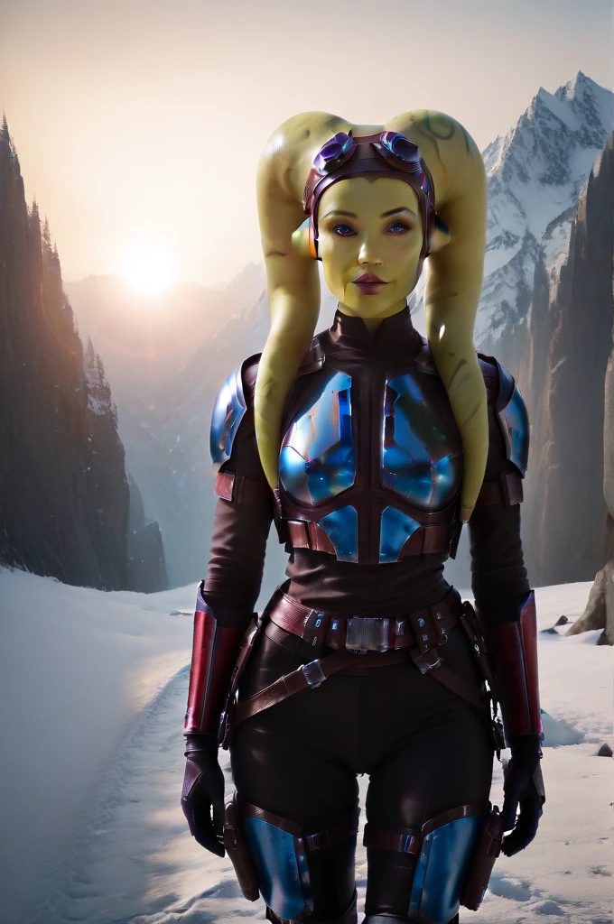 a ((fall body)) ((hera syndulla)) ((green skin ))
((female twi'lek ))mandalorian,walking on snow fire, beautiful detailed eyes, beautiful detailed lips, extremely detailed face, long eyelashes, mandalorian armor, sci-fi, cinematic lighting, dramatic, epic, intricate details, hyper-realistic, 8k, high-quality, photorealistic