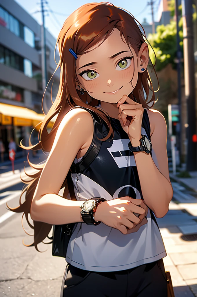 (masterpiece, best quality, ultra-detailed, highres, 4k),(beautiful detailed eyes),(very detailed face),(1girl),HDR,long hair, shorts, phone, brown eyes, brown hair, cellphone, bracelet, tank top, jewelry, watch, lips, solo focus, nail polish, blurry background, smile, wristwatch, realistic, blurry, looking at viewer