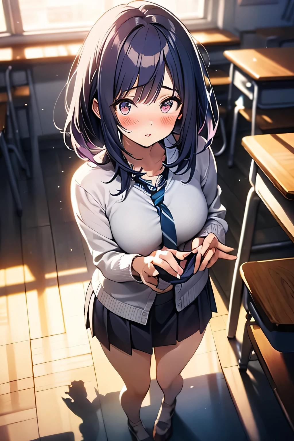 (Very detailed CG Unity 8K 壁紙),(masterpiece), (Highest quality), (Very detailed), (Best illustrations),(Best Shadow), Large Breasts,16 years old,Purple eyes and very short purple hair, holding_underwear、classroom、blush、Glossy pink underwear、White blouse,Blue tie,Checked mini skirt、beige cardigan、Dynamic Angle