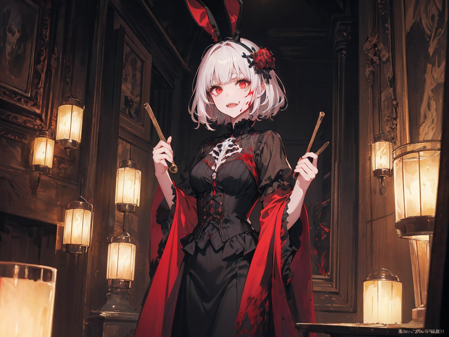 masterpiece, Highest quality, High resolution,(Highest quality,4K,High resolution,masterpiece:1.2),Very detailed,Realistic:1.37,masterpiece, Highest quality, Exquisitely crafted, woman, beautiful, elegant, smile, Blood, iridescent Long Hair, bangs, skirt, shirt, Long sleeve, Frills, shoes, (Red and Black:1.4), flower, spooky, Horror, head蓋Bones, Long Hair, Black Hair, Candles, Blood, hair flower, Dead, hair ornaments, Bone, doll, head蓋Bone, skeleton, Horror (theme),spooky altar background,Dark fantasy,Red color scheme,Ominous atmosphere,eyeを引く,Storytelling,anatomy,Anime Style,Concept Art,beautiful細部までこだわった顔と (((赤いeye ))),A terrifying ritual ,Satanic Ritual,Premature death,Improper behavior,クレイジーなsmile,Scythe Face,Girl Monster, beautiful, Delicate facial features, 鋭いeye, Sharp Fangs, 青White skin, blonde,robot,Cursed Painting, Dark Background, Cinema Lighting, Dramatic Shadows, Gothic style, Gloomy atmosphere, Dark fantasy, One Girl, , Please open your mouth wide, Open your mouth and baring your teeth,Sharp teeth like a beast, Wide lips, very wide mouth, Vermilion cheeks, ,(Bloodしぶき:1.4),Scary smile, smile,Fallen angel design, ねじれたsmile、Bloodまみれの、headからの出Blood,、Bloodしぶき、,(Bloodしぶき:1.4),Crossbones, head蓋Bone,Horror 一人の男の子, Cream colored hair, Gray Hair, Pearly hair, nice boy, Bunny ears, Loose-fitting clothing, Larger clothes, dark red eye, eyeの下のたるみ, dark circles under eye, やみcute, Fluffy hair, Voluminous Hair, skinny, slim, very skinny, Androgynous, cute, spooky, short hair, Horror, Faded colors, White skin, spooky, Unnaturally thin, I'I am hungry, eye, eye in background, sharp eye, Long eyelashes, Under the eyelashes, Loose shorts, レースshirt, Frillsshirt, Tie the ribbon'head, Detailed clothing, A loose cardigan, Open cardigan, 滴るBlood, that'terrible, nightmare, Haunted, stitch, patchwork, string, Injury, hell, Injury on arms, self-harm, cut, Black Fingers, factory, Abandoned, A dismembered ghost,Many heads,Many heads,Lots of faces,Multiple faces,Multiple Girls,Frolicking Girl,複数のwoman,tea ,クレイジーなsmile,look up,Face shot,Scythe Face,Girl Monster, slave,beautiful, Detailed portrait, Delicate facial features, 鋭いeye, Sharp Fangs, 青White skin, Thick chain, Dark Background, Cinema Lighting, Dramatic Shadows, Gothic style, Gloomy atmosphere, Dark fantasy, One Girl, , Please open your mouth wide, Open your mouth and baring your teeth,Sharp teeth like a beast, Wide lips, very wide mouth, Vermilion cheeks, ,(Bloodしぶき:1.6),Scary face, Laughter Witch design, ねじれたsmile、Bloodまみれの、headからの出Blood,,、Bloodしぶき、,(Bloodしぶき:1.6),Crossbones, head蓋Bone, , Horrorスタイル, ((Fantasy Witch Costume)), ((Flowing white hair)), ,(Bloodしぶき:1.6),womanの曲線, Large Breasts, Thick thighs, Sexy flat stomach, Perfect hands, Perfect anime face, ((dark ta dress)), Are standing, ((邪悪なsmile)), ,(Bloodしぶき:1.6),Victorian cities, gaslight, Steam circulates, Moonlight Illumination, night lighting, A sky filled with stars and galaxies,disaster々new devil horns,,(Bloodしぶき:1.6),アニメゾンビWitch design, ねじれたsmile、Bloodまみれの、headからの出Blood,,、Bloodしぶき、,(Bloodしぶき:1.6),Crossbones, head蓋Bone,,Photo Background,Wide Shot,Scythe Face,Girl Monster, slave,beautiful, Detailed portrait, Delicate facial features, 鋭いeye, Sharp Fangs, 青White skin, Thick chain, Dark Background, Cinema Lighting, Dramatic Shadows, Gothic style, Gloomy atmosphere, Dark fantasy, One Girl, , Please open your mouth wide, Open your mouth and baring your teeth,Sharp teeth like a beast, Wide lips, very wide mouth, Vermilion cheeks, ,(Bloodしぶき:1.6),Scary face, Laughter Witch design, ねじれたsmile、Bloodまみれの、headか