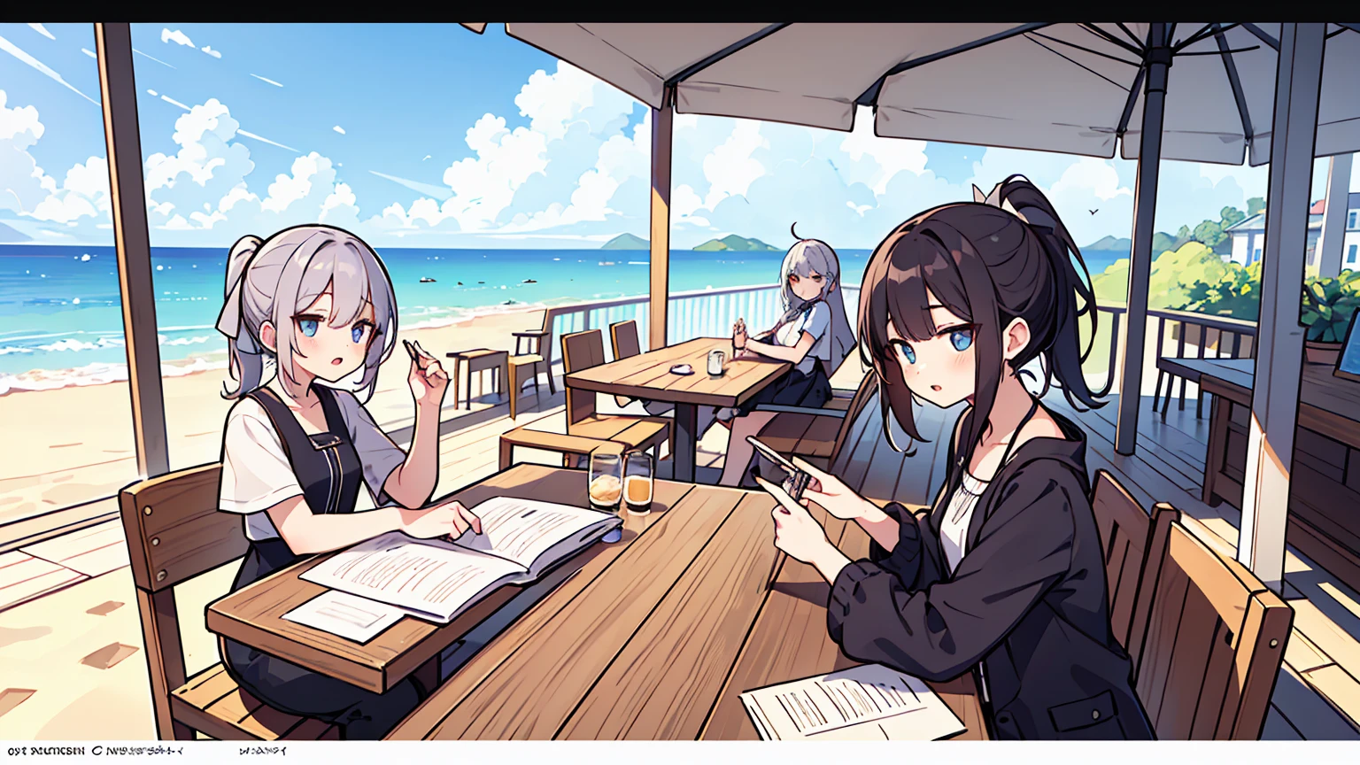 (masterpiece, best quality),Women with different faces and hairstyles, different hair colors, different faces, ponytail, letterboxed, perfection of fashion,chapped lips, casual attire, upper body, from the side,Terrace cafe with white sand and beach view,study at the table, eyes look at the note, together, stylish outfit,