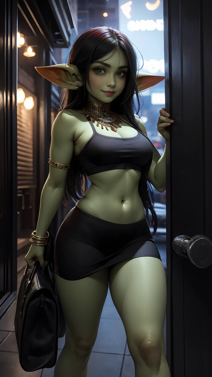 absurdrez, 1 girl, solo ((best quality)), ((masterpiece)), (detailed), 4k, green skin, tiny pointy ears, small ears, very very small goblin girl wearing revealing red arabian robes, 3 feet tall, graceful, exotic, black hair, walking towards a backdoor entrance to a club, backdoor to nightclub, jewelry, looking back at viewer, outdoors, evening, carrying a duffel bag on shoulder, carrying gym bag on shoulder, dynamic pose, outside of busy nightclub, outside of busy strip club, sexy smile, cinematic still, arabian jewelry, cowboy shot, 