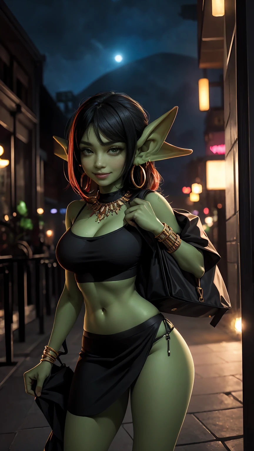 absurdrez, 1 girl, solo ((best quality)), ((masterpiece)), (detailed), 4k, green skin, tiny pointy ears, small ears, very very small goblin girl wearing revealing arabian clothing, 3 feet tall, graceful, exotic, black hair, walking towards a backdoor entrance to a club, backdoor to nightclub, wearing fashionable Arabian top and very short skirt, jewelry, looking back at viewer, outdoors, evening, carrying a duffel bag on shoulder, carrying gym bag on shoulder, dynamic pose, outside of busy nightclub, outside of busy strip club, sexy smile, cinematic still, arabian jewelry, cowboy shot