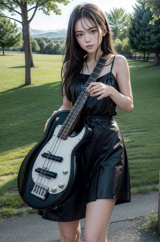 I want an instrument " bass guitar" in a landscape with. summer face