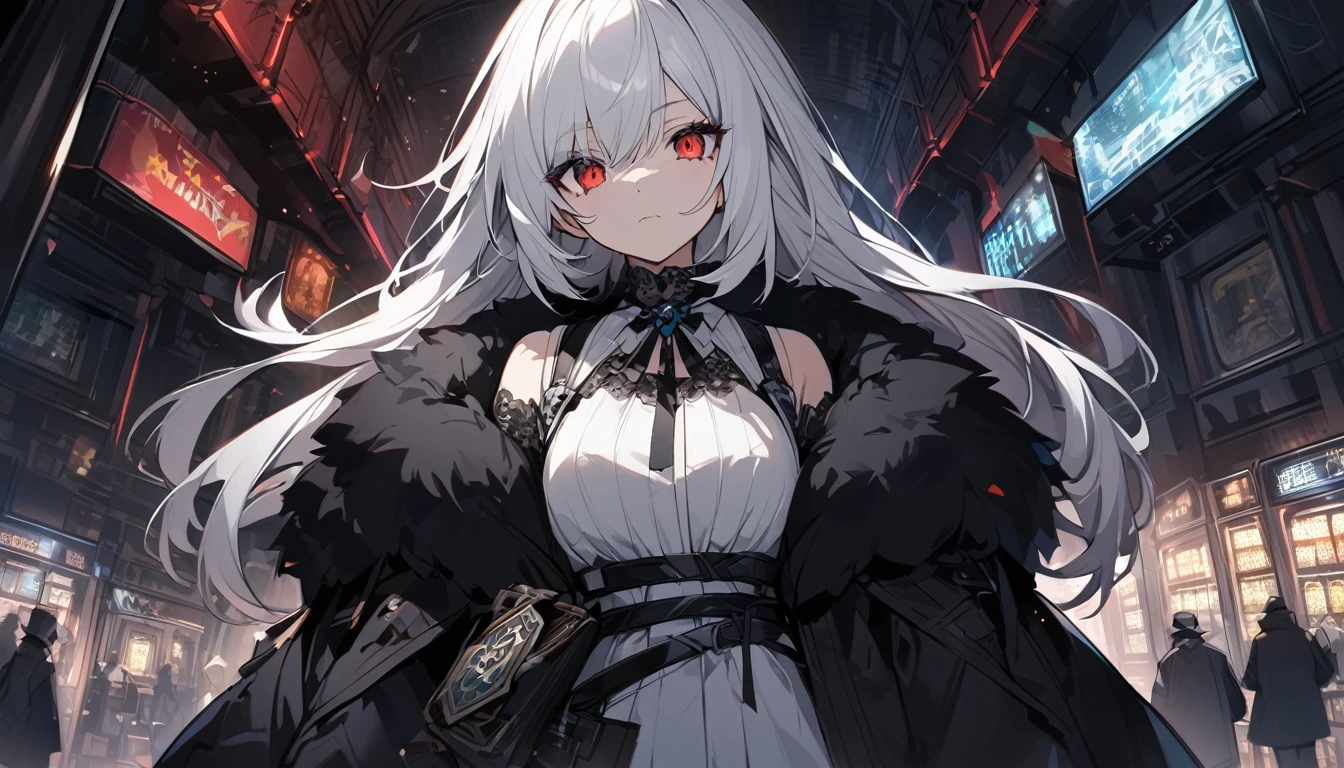 mysterious。White Hair Girl。Detailed Background。In an underground casino hidden in the black market、White Hair Girlがカードゲームに参加しているシーン。The mysterious atmosphere around her and her sharp gaze are striking.。