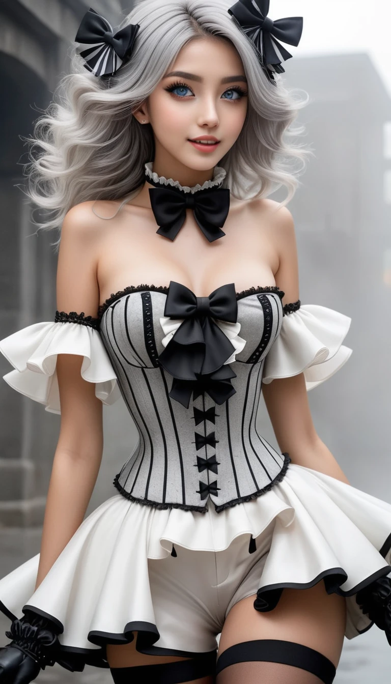 (masterpiece, Best Quality, hyper Detailed, hyper Realistic luna girl:1.3), BREAK beautiful Pretty Japanese ig model, (glamorous body:1.2), Happy, render of april, (all body shot, active pose:1.2), BREAK (Detailed wear, all body wear:1.2), Monochrome Pierrot Costume,
Opt for a fitted corset bodice with black and white diamond patterns, accentuating the waist, Layer with a ruffled, off-the-shoulder blouse in contrasting black and white hues, adorned with oversized bows for a whimsical touch,
BREAK
Pair with high-waisted black pants, featuring exaggerated ruffles or pleats for added volume and drama,
Accessorize with black and white striped stockings or tights, and patent leather ankle boots with oversized buckles for a modern twist on classic clown footwear, arranged gray hair, BREAK (Detailed medium breasts, Detailed bodyline, Detailed legs and calves), (very slim waist, firm large breasts, large buttocks, beautiful sexy legs:1.3), White and beautiful Silky skin, thin and short neck, (small head, small face), BREAK small head, Detailed face, cute and Pretty (slim oval shape face:1.3), wide Duck mouth, half open mouth, perfectly aligned teet, perfect beautiful Tooth, blue eyes, half open eyes, shiny Droopy eyes, gray hair, looking other, (in a concrete, fog, mist, steem),