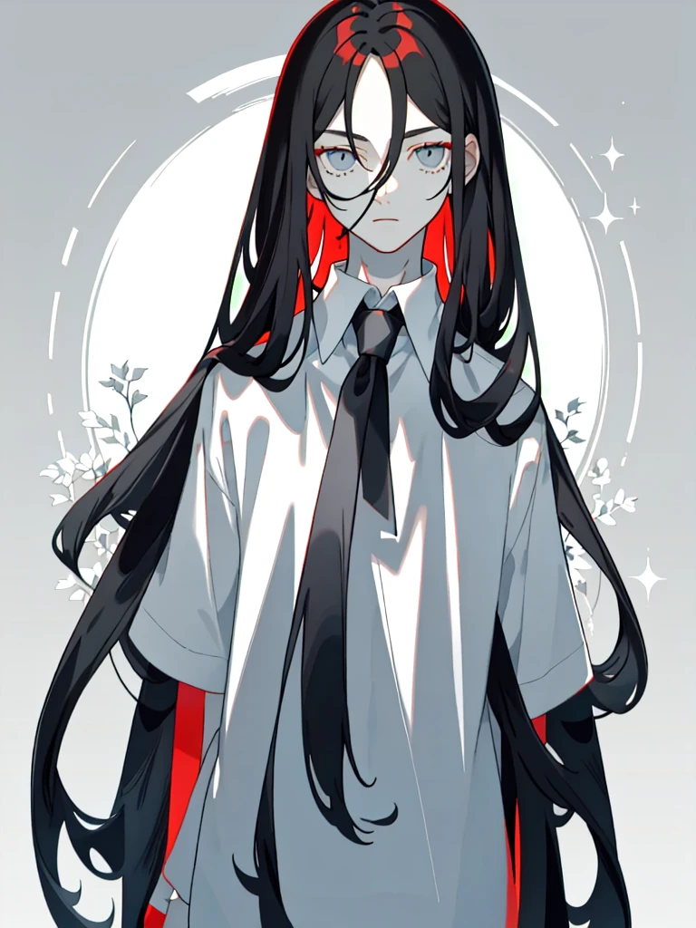 Masterpiece, best quality, 1 male, teenager, delicate eyes, long black hair, straight hair, fair skin, delicate face, calm expression, white shirt, ink landscape, gray, red