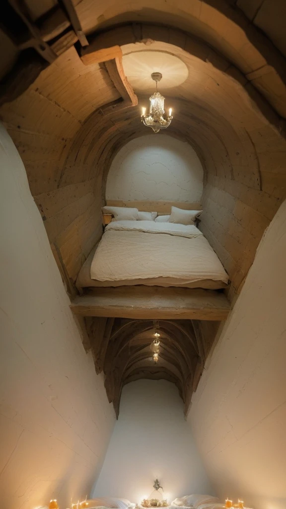 a cozy, dreamlike bedroom, roots on ceiling, roof and walls, candle shapes as carrots, fantasy, underground, soft lighting, ethereal, hobbit, beautiful, comfy, wonderland, romantic,vivid colors