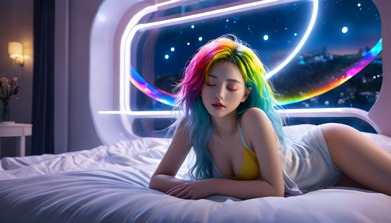 (best quality,8k,ultra-detailed:1.2),(CG,CG art,3D rendering),(masterpiece:1.2),（Crawling on the table），（y clothing），(movie lighting,futuristic),(woman lying in bed,sleeping,closed eyes),(large window behind her,tranquil night),(colorful hair:1.5)

