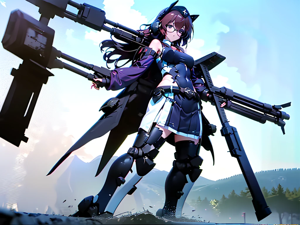 (((masterpiece, Vision))), ((((Full body of a woman with perfect flat chest、1 Female、solo、Short unkempt black hair、Tie your messy hair at the nape of your neck、white military jacket、Miko costume、black tights、Black glasses are black、White military cap、Cloudy black eyes、Confused eyes、Junyo-inspired emblem、Ship-style boots)))), (((Shipgirl))), ((Floating on the morning sea with both feet)), (Standing with your legs apart)), Aim, (Hold the shotgun turret grip with your right hand), (Four white mechanical dragons extend from its back.), (Equipped with a small hull with turrets on either side of the waist), (Equipped with a bridge on the back), (Left arm holds the grip of a double-barreled shotgun),