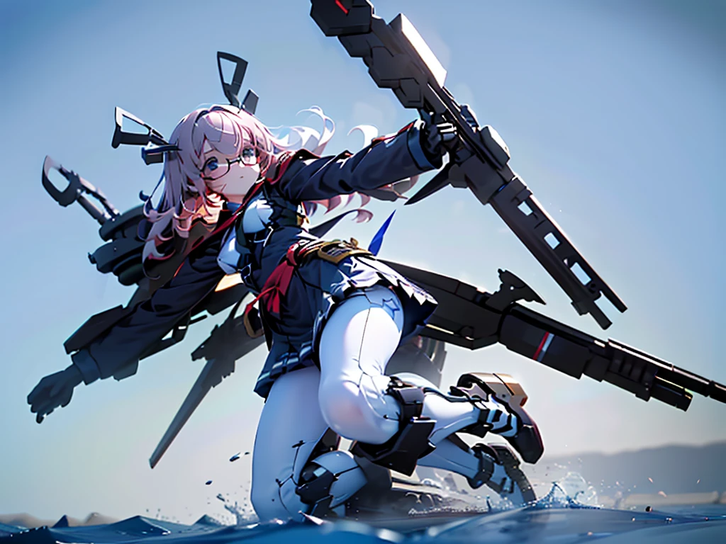 (((masterpiece, Vision))), ((((Full body of a woman with perfect flat chest、1 Female、solo、Short unkempt black hair、Tie your messy hair at the nape of your neck、white military jacket、Miko costume、black tights、Black glasses are black、White military cap、Cloudy black eyes、Confused eyes、Junyo-inspired emblem、Ship-style boots)))), (((Shipgirl))), ((Floating on the morning sea with both feet)), (Standing with your legs apart)), Aim, (Hold the shotgun turret grip with your right hand), (Four white mechanical dragons extend from its back.), (Equipped with a small hull with turrets on either side of the waist), (Equipped with a bridge on the back), (Left arm holds the grip of a double-barreled shotgun),