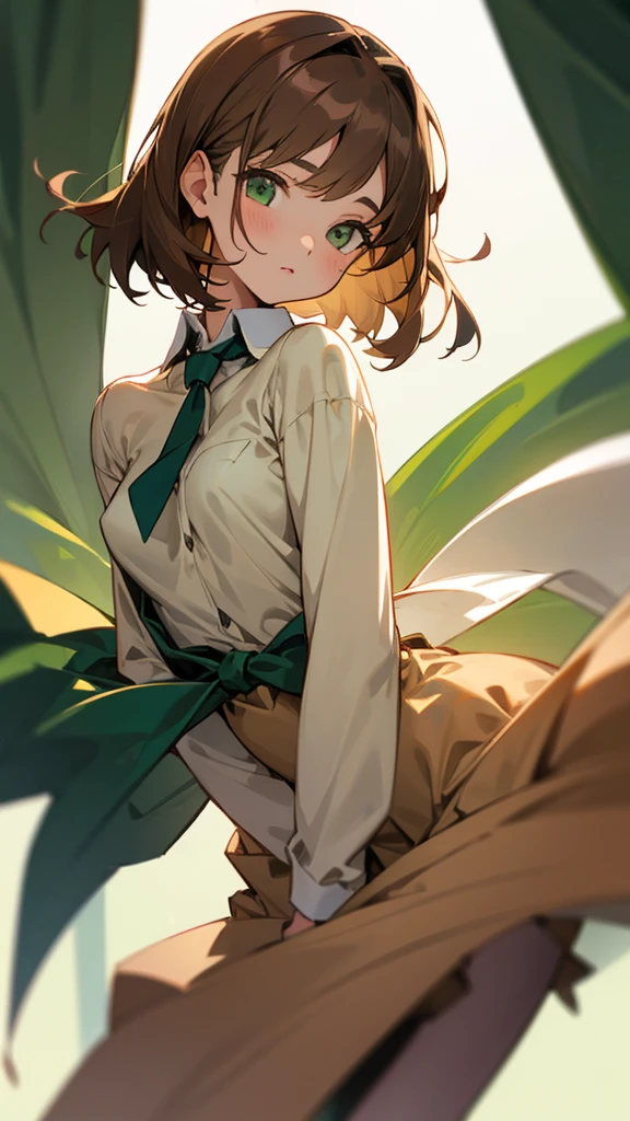 A girl with short fluffy light brown hair, dark green eyes, school clothes and little uncovered breasts