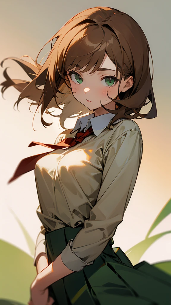 A girl with short fluffy light brown hair, dark green eyes, school clothes and little uncovered breasts 