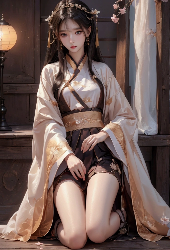 Best image quality、8k、masterpiece:1.3))、Realistic high-quality photos、Highest quality、 Beautiful face、Photos of slim models、Beautiful girl model、Young and pretty face、Beautiful model girl、A lovely and delicate face、Black Hair、Beautiful brown eyes、Young Body、Hanfu, (emphasize)、from the front、Camera gaze,、Anatomically correct、胸の谷間をemphasize、whole body、13-year-old female model