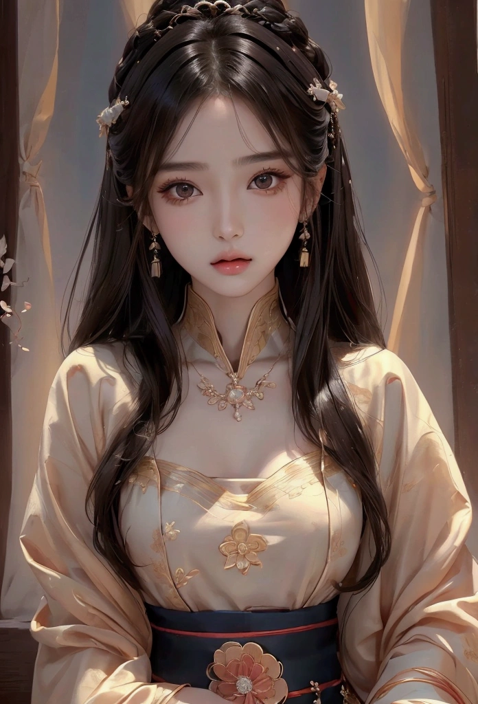 Best image quality、8k、masterpiece:1.3))、Realistic high-quality photos、Highest quality、 Beautiful face、Photos of slim models、Beautiful girl model、Young and pretty face、Beautiful model girl、A lovely and delicate face、Black Hair、Beautiful brown eyes、Young Body、Hanfu, (emphasize)、from the front、Camera gaze,、Anatomically correct、胸の谷間をemphasize、whole body、13-year-old female model
