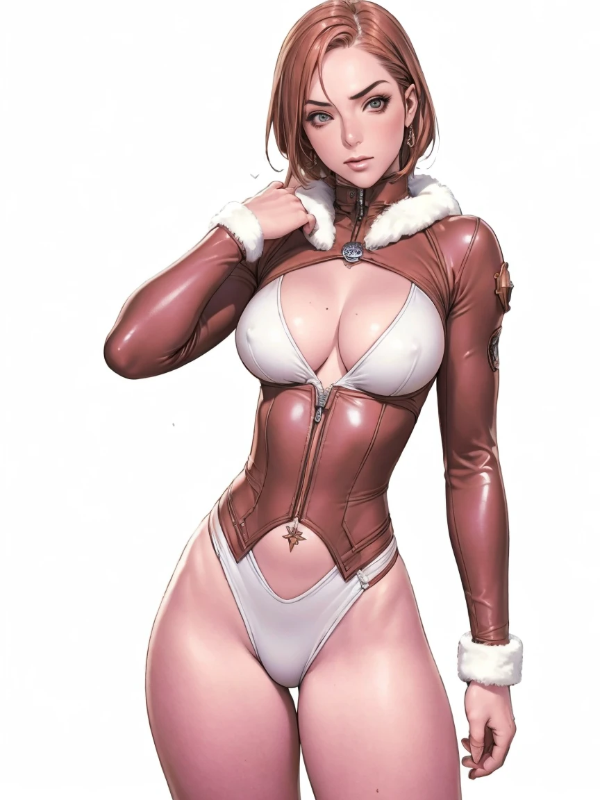 (((Annie Lennox))), (((copper color suit))), (scars), (((bandaged arms))), (((Copper-colored clothes))) ((fur hood)), (((best qualityer: 1.4))), (Unbeatable masterpiece), (hiper HD),(CG 8k hyper-realistic), brave face, (((breasts big))), (((hyper feminine))), sexly girl, black tattoo,(ultra short red hair with white highlights)), ((( sculptural body ))), (((1 Kizi))), Kizi tatuada de 25 anos com perfectbody,,Beautiful and well-groomed face,muscular body:1.2,solid color detailed jacket, (Head to thigh photos), Complex equipment, copper,Tight clothes,With white stars and off-white stripes,,,,,Armor Metal Electronic Parts, Poison tattoos ) INFO, Kizi, (((standing alone))), pirralha violent, 24歳, sexy, pose de atitude, work of art, post-apocalypse, (((manga style))), bounty hunter, violent, Manic, the way you want, perfect body, roupa moderna, advanced technology, Pleated mini skirt with checkered pattern in red and black, fur collar jacket, sleeves with vertical striped pattern, neutral background, (( cowboy shot )). intricate visual, narrow waist, (((wide hips))), fit thighs, (thigh gap), background shows a futuristic airplane