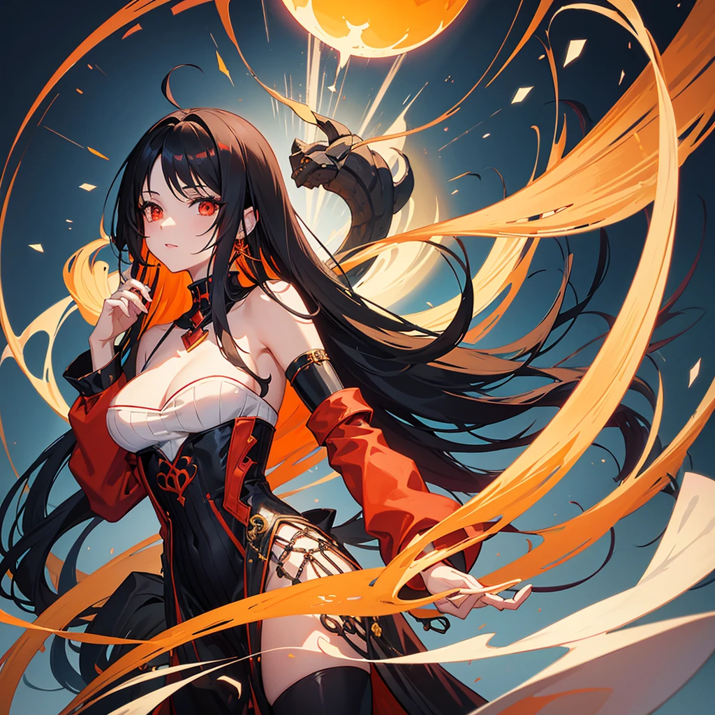 A captivating anime-style illustration of a young woman with long, sleek black hair and striking red eyes. She wears an oversized red off-the-shoulder sweater with ribbed cuffs, paired with black thigh-high stockings. The background features a warm gradient of orange and yellow, resembling light streaming through a window, creating a cozy atmosphere. The character poses playfully with one hand on her head, adorned with dangling geometric earrings, exuding a confident yet approachable vibe. The art style is vibrant and detailed, reminiscent of popular anime aesthetics.