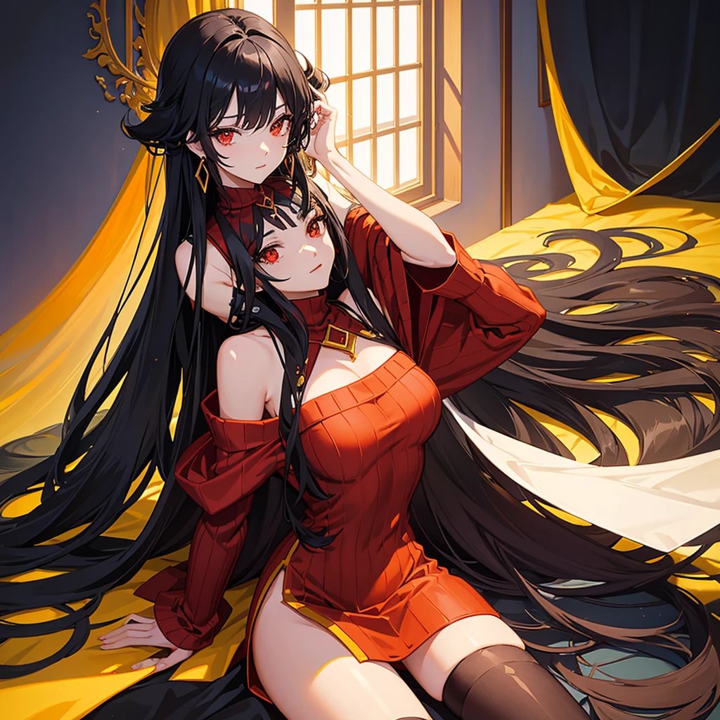A captivating anime-style illustration of a young woman with long, sleek black hair and striking red eyes. She wears an oversized red off-the-shoulder sweater with ribbed cuffs, paired with black thigh-high stockings. The background features a warm gradient of orange and yellow, resembling light streaming through a window, creating a cozy atmosphere. The character poses playfully with one hand on her head, adorned with dangling geometric earrings, exuding a confident yet approachable vibe. The art style is vibrant and detailed, reminiscent of popular anime aesthetics.