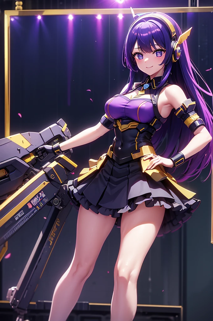 mecha wings、Black and yellow skirt、Accentuated thighs、tights、chest、Beautiful purple hair、1 girl、solo girl、Thick thighs、IS、Frame Arms Girl、Alice Gere Aegis、income、headphone、hand on own chest、smile、Idol Costume