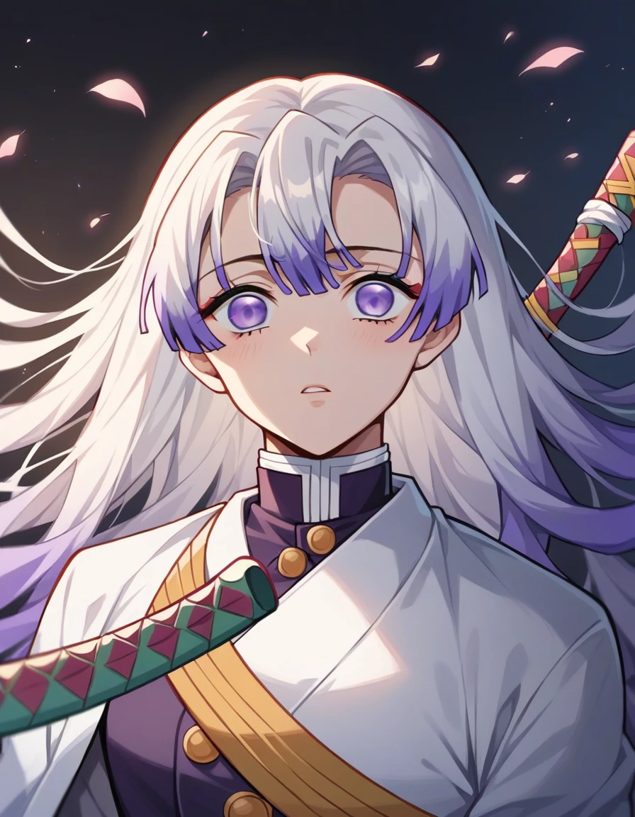 anime style "Kimetsu no yaiba" represents a girl with long straight white hair, with fringe, very striking violet eyes, He wears a dark purple hunter uniform and a white kimono., He also has a light blue and white katana, the environment is a dark forest