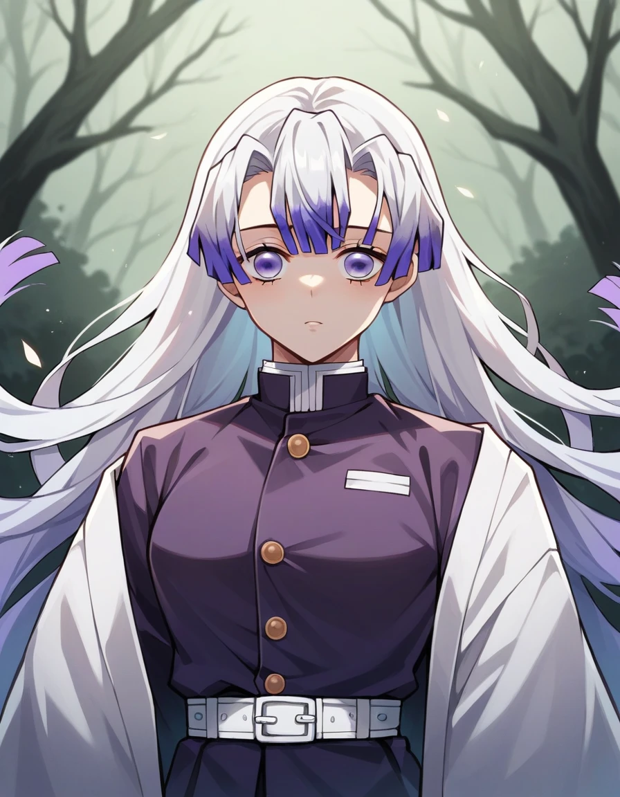 anime style "Kimetsu no yaiba" represents a girl with long straight white hair, with fringe, very striking violet eyes, He wears a dark purple hunter uniform and a white kimono., He also has a light blue and white katana, the environment is a dark forest