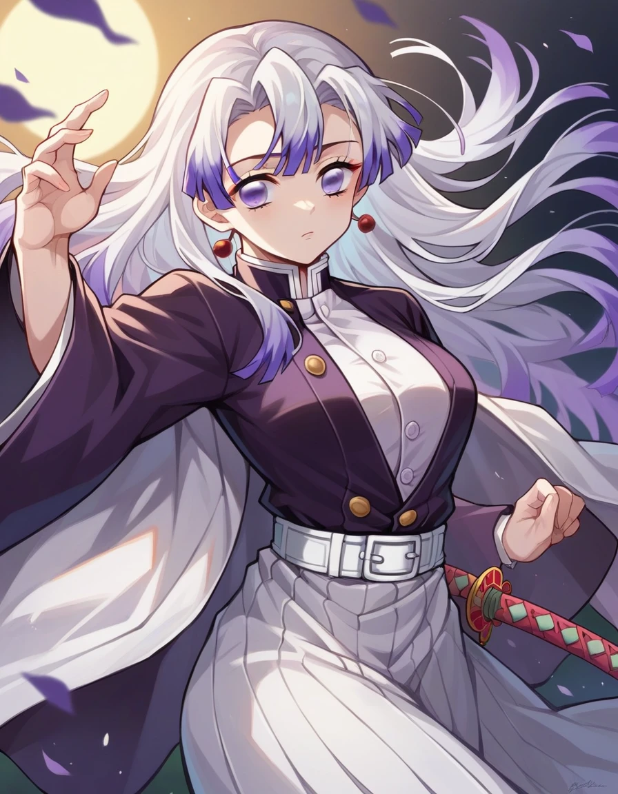 anime style "Kimetsu no yaiba" represents a girl with long straight white hair, with fringe, very striking violet eyes, He wears a dark purple hunter uniform and a white kimono., He also has a light blue and white katana, the environment is a dark forest