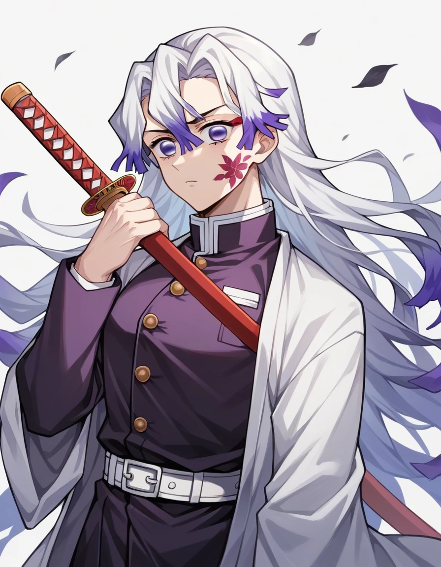 anime style "Kimetsu no yaiba" represents a girl with long straight white hair, with fringe, very striking violet eyes, He wears a dark purple hunter uniform and a white kimono., He also has a light blue and white katana, the environment is a dark forest