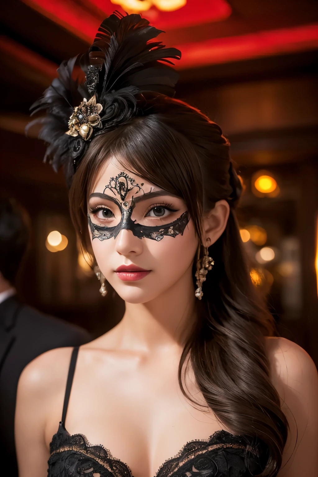 Create a full-body photo of a woman at a secret masquerade party. She is wearing an intricate Venetian mask and an elaborate costume, exuding elegance and mystery. Focus on her sophisticated appearance, highlighting her beautifully detailed eyes and lips. Ensure her face and features are meticulously detailed, with a complex mask design. The scene is set inside a bar with a modern interior and red lighting, creating a moody and enigmatic atmosphere. Use dramatic chiaroscuro lighting with rich shadows to enhance the cinematic quality. The lighting should be dim to emphasize the secretive feel. Ensure the image is of the highest quality, with 4k, 8k resolution, and a masterpiece level of detail. The style should be ultra-detailed, realistic, and photorealistic, with a rich, refined, and captivating color palette. Exclude any cold masks or mouth masks from the design.