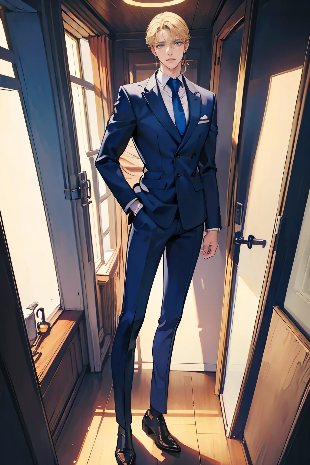 (masterpiece), best quality, seductive eyes, perfect face, handsome man, blue eyes, middle part blonde hair, long nose, tan brown skin, business suit, extremely tall man, long legs, long calves, full body, tall man, long legs, anime cover, 1boy, ear piercings, facial piercings, hands in pockets, adult-like look, pretty but mature man