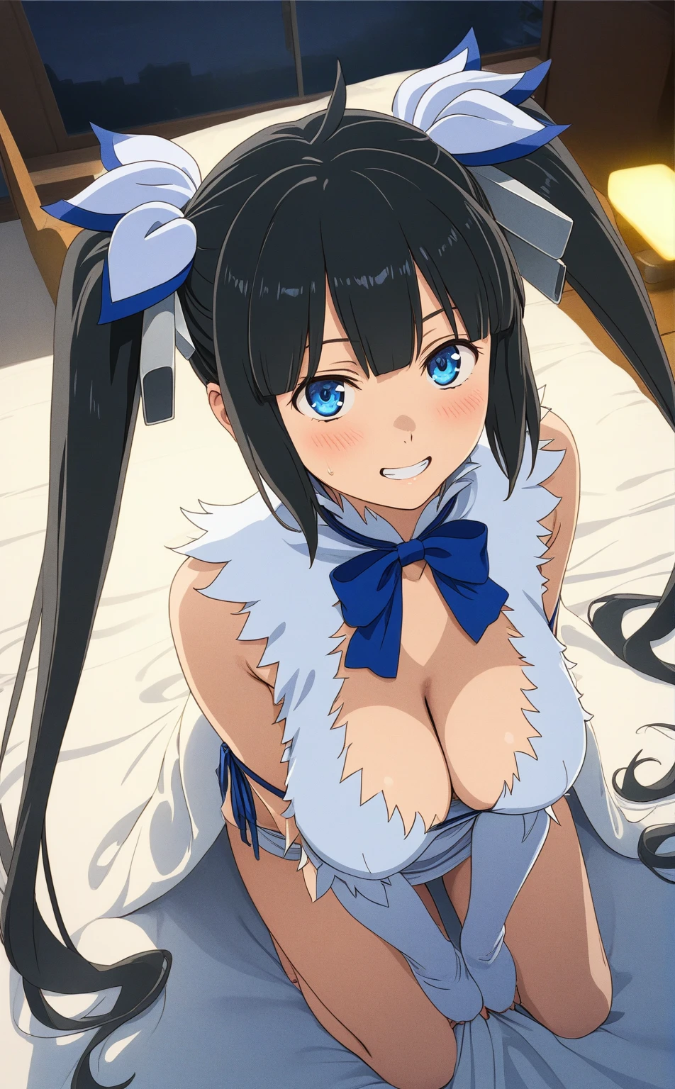 best quality, amazing quality, very aesthetic, absurdres, (1girl, hestia (danmachi),hestia \(danmachi\),long hair,blue ribbon,twintails, solo, big breasts),(gown:1.8), (smile, night, thigh:1.3), (cowboy shot), (half closed eyes:0.9), (from above0.7), (), (bent over, arms behind back:1.4), (blush:0.7), expressive eyes, perfect face, 4k, extremely detailed anime illustration, extremely detailed eyes, perfect anatomy, light rays, extremely delicate body, smooth skin, (bedroom background:1.5), clear eyes, beautiful face, smiling at viewer, (cinematic Light:1.5), (highres:2)