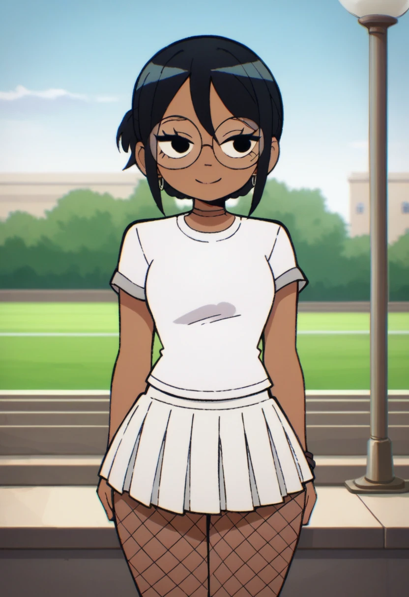 (masterpiece, best quality:1.3), Rizdraws, Thin Lineart, Soft Lineart, 1girl, solo, short straight black hair, black hair, bangs that go to the side down her face, large round glasses, over sized teal t-shirt, white skirt, pleated skirt, fishnet tights, dark skin, wide hips, straight flat hair, park, small smile, thick thighs
