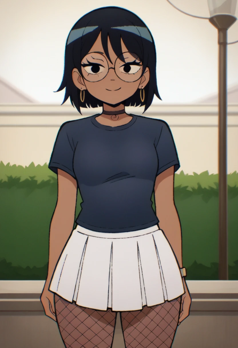 (masterpiece, best quality:1.3), Rizdraws, Thin Lineart, Soft Lineart, 1girl, solo, short straight black hair, black hair, bangs that go to the side down her face, large round glasses, over sized teal t-shirt, white skirt, pleated skirt, fishnet tights, dark skin, wide hips, straight flat hair, park, small smile, thick thighs
