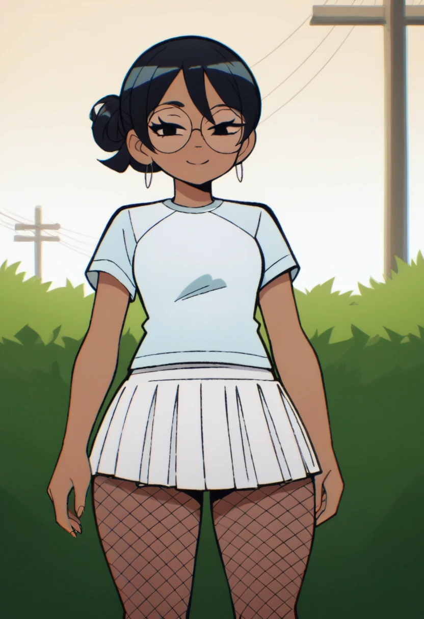 (masterpiece, best quality:1.3), Rizdraws, Thin Lineart, Soft Lineart, 1girl, solo, short straight black hair, black hair, bangs that go to the side down her face, large round glasses, over sized teal t-shirt, white skirt, pleated skirt, fishnet tights, dark skin, wide hips, straight flat hair, park, small smile, thick thighs