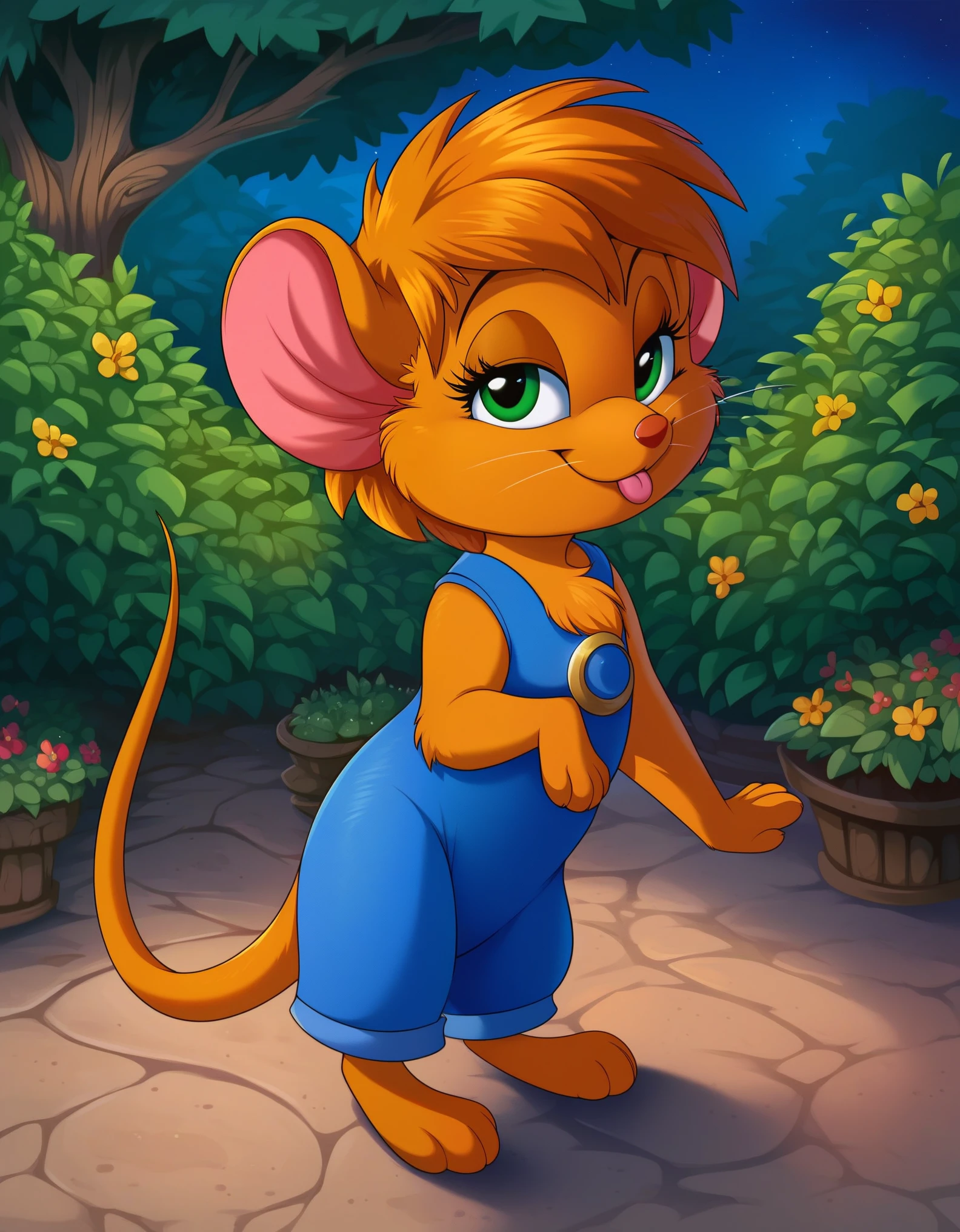 score_9, score_8_up, score_7, solo, female, abigail, short hair, green eyes, furry female, mouse ears, furry, feral, head tuft, cute cub, mouse tail, hands, young cub, feral, furry, solo, feral, laying, chest tuft, whiskers, eye lashes, masterpiece, best quality, hires, high resolution, rating_explicit, detailed background, garden, tree, outdoors, night, denim dress, skirt, feral, smile, tongue, bedroom eyes, young cub, feral, looking at viewer, female, feral,