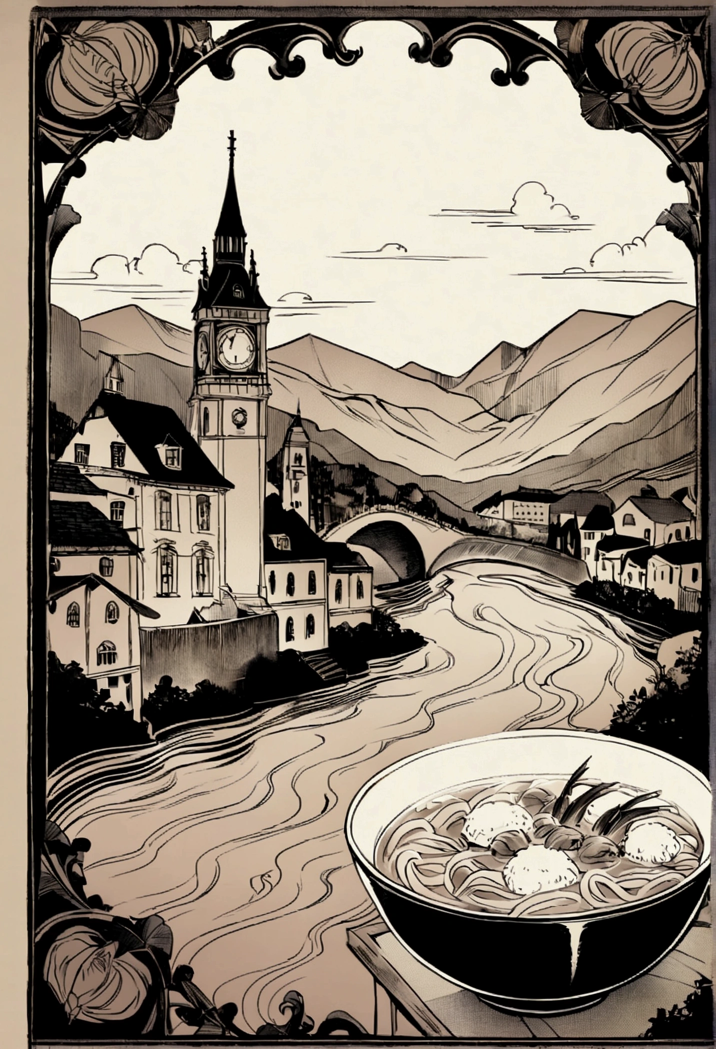 Create a vintage-style illustration featuring a bowl of shrimp noodle soup in the foreground, with an ornate border design. In the background, depict a picturesque scene with a prominent clock tower, traditional buildings, a winding river, and mountainous terrain. Use a sepia-toned color palette to give the illustration an antique feel.