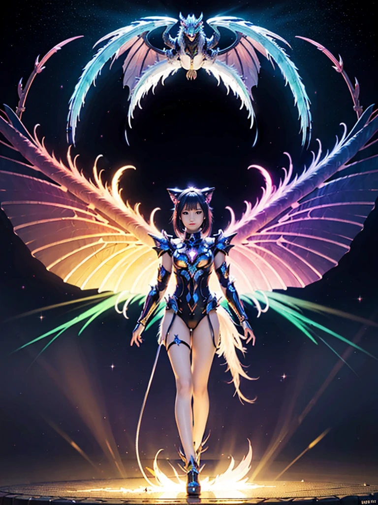 1girl, armor, Wings, beautiful dragon, futuristic evolved Nekomata,/(neon glowing body),2 tails, holographic, (The wings are symmetrically paired;1.5),